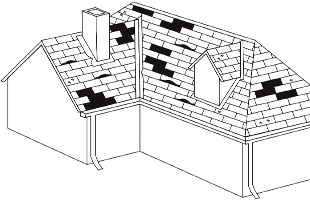 Outline of a residential home with damaged shingles